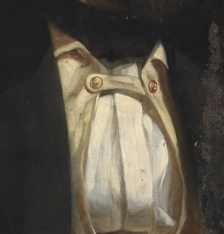 The pristine white of the cravat contrasts with the darker attire, drawing attention to the sitter's formal presentation.