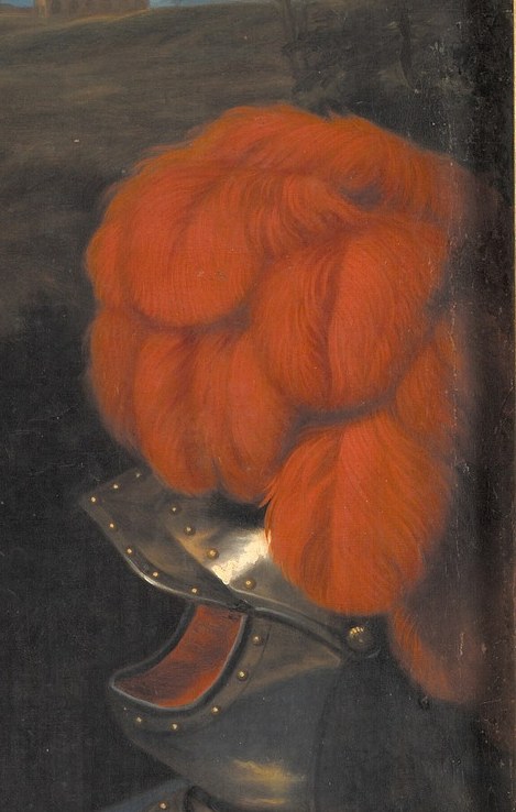 The vibrant red plume and polished metal suggest martial splendor and a readiness for battle.