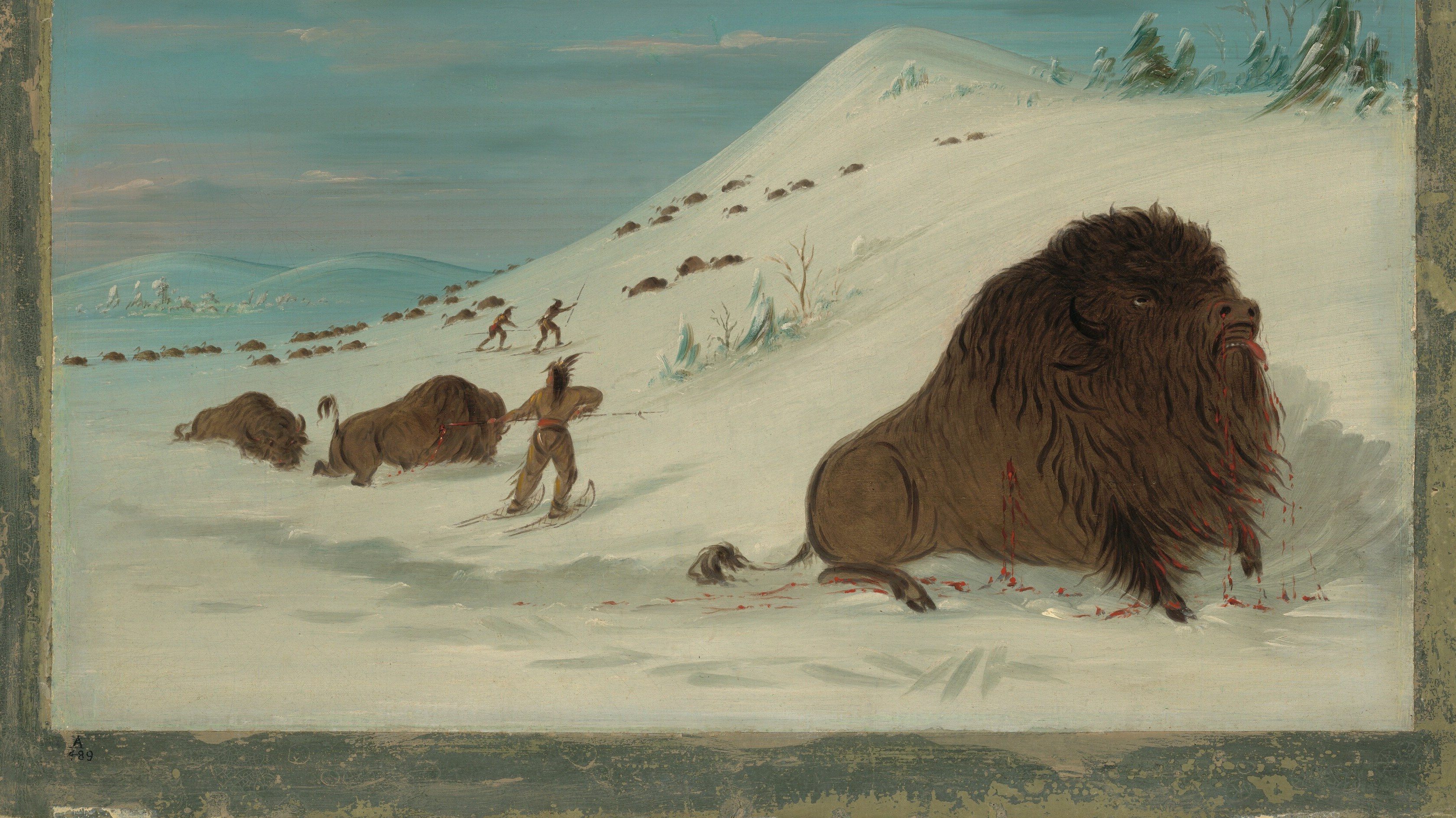 The deep snowdrifts and barren trees create a stark and challenging environment, highlighting the difficulty of survival.