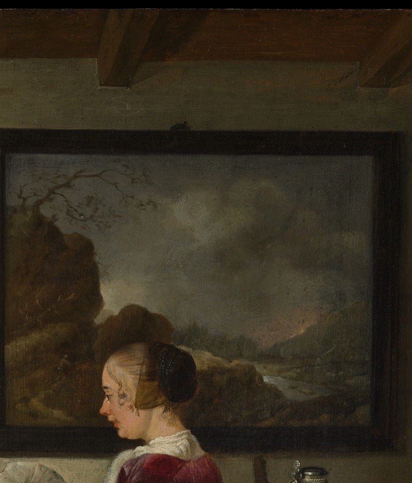 A painting hangs behind them. Dutch masters used pictures-within-pictures as a second story.