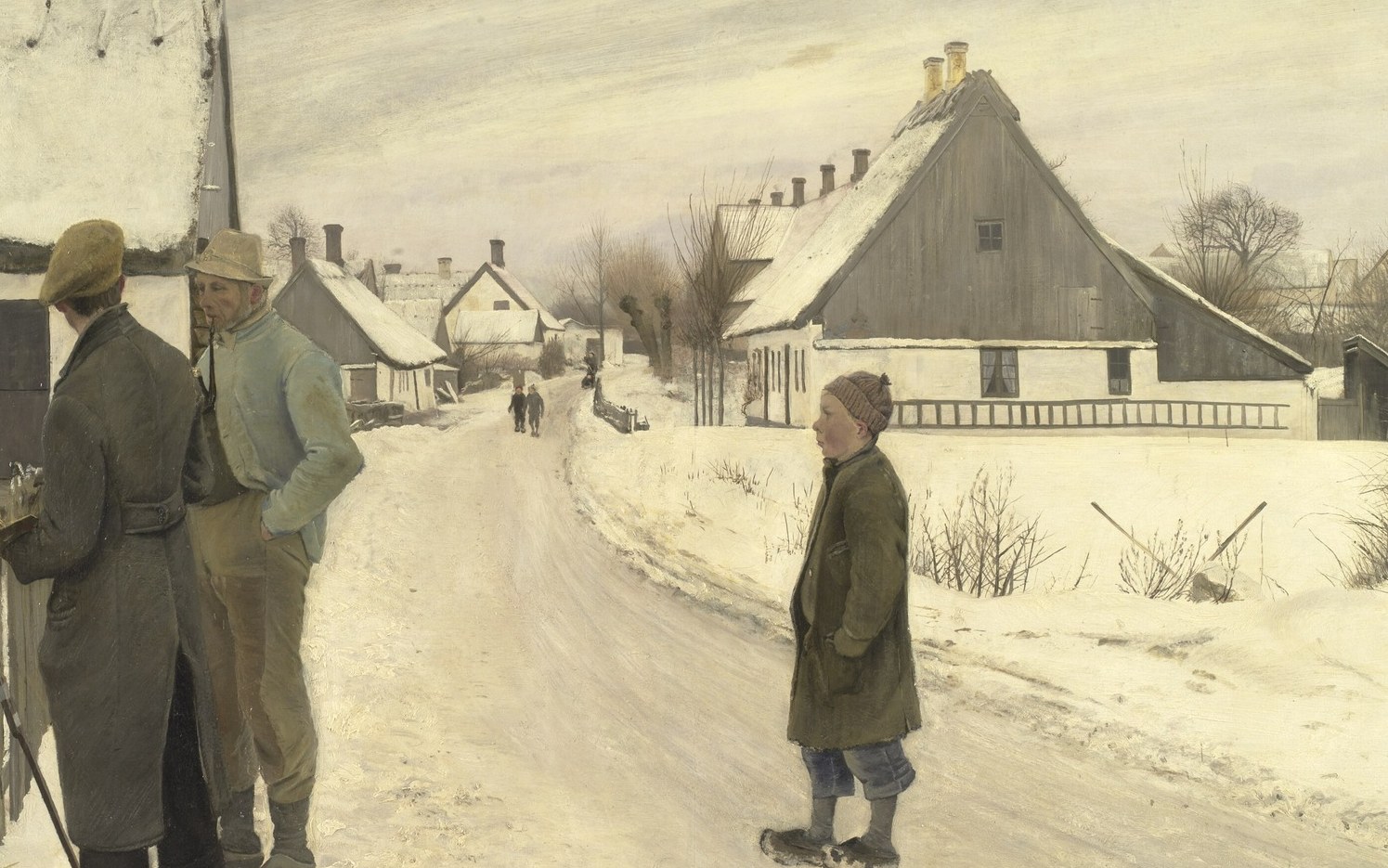 The road functions as a compositional spine pulling the eye deep into the village; its pale luminosity against the muted palette is a key tonal passage.