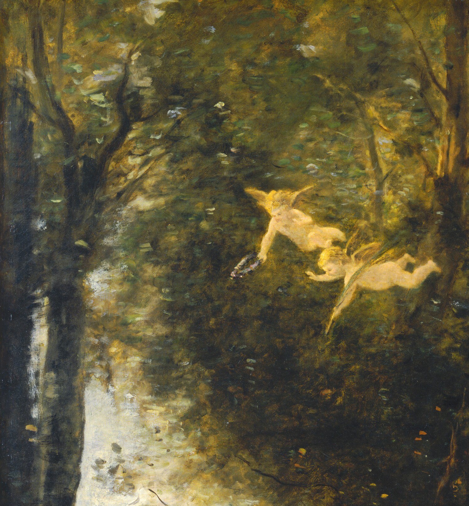The oppressive shadow mass on the left contrasts sharply with the glowing right sky, creating a natural chiaroscuro that isolates and frames the figures below
