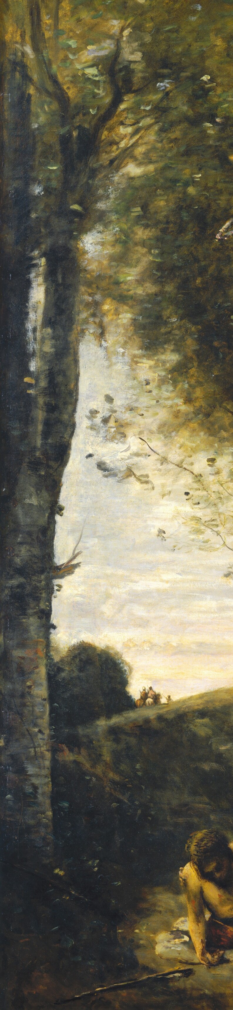 This near-vertical monolith structures the entire composition and creates a sheltering enclosure , a Corot tree is never incidental, it stands here like a silent guardian presiding over the scene