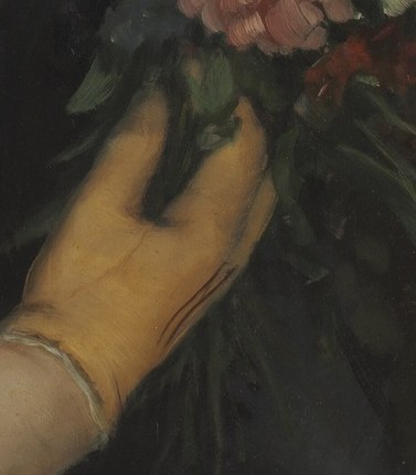 Now look at her gloved hand, holding flowers.