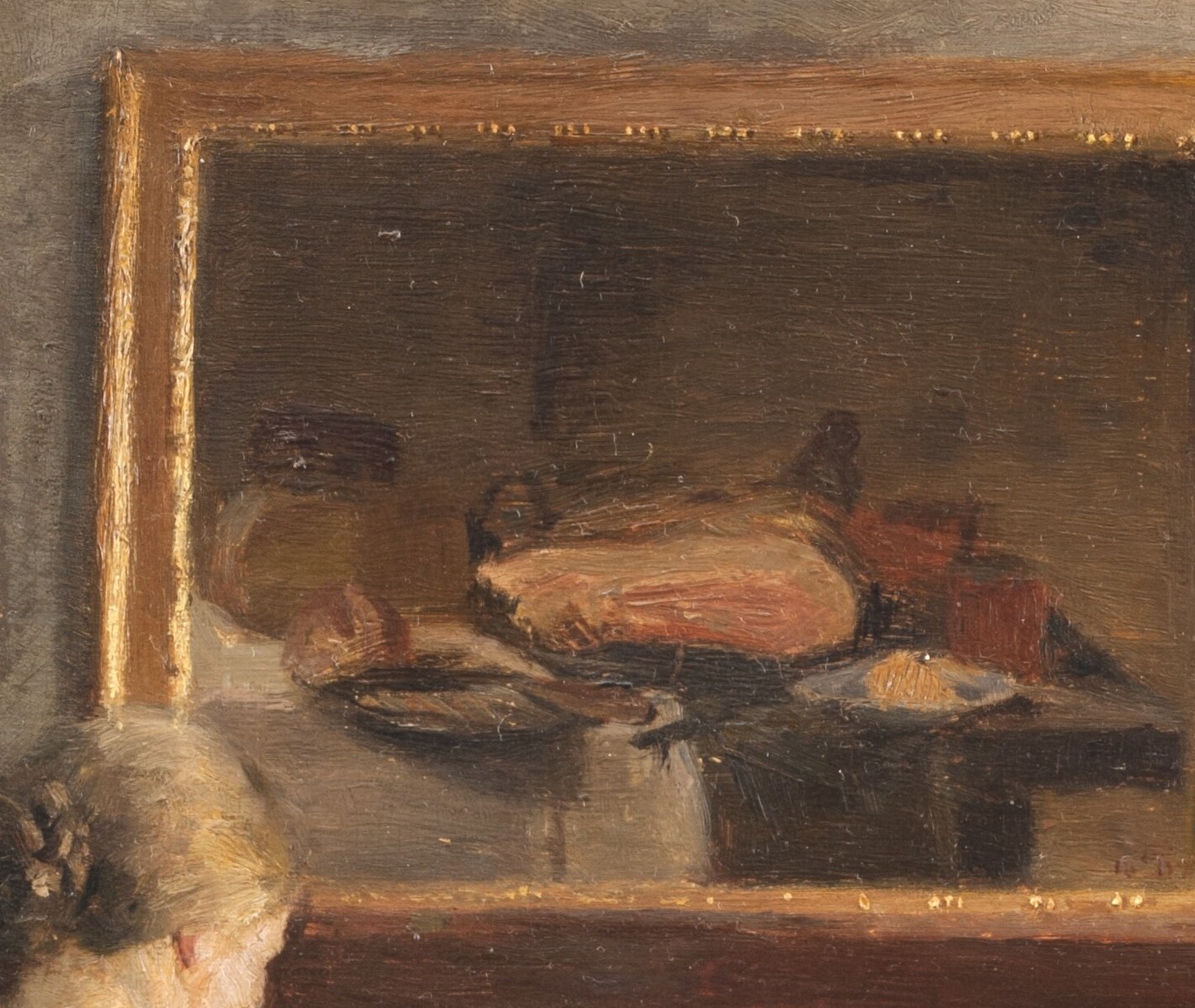 A mirror shows another painting.