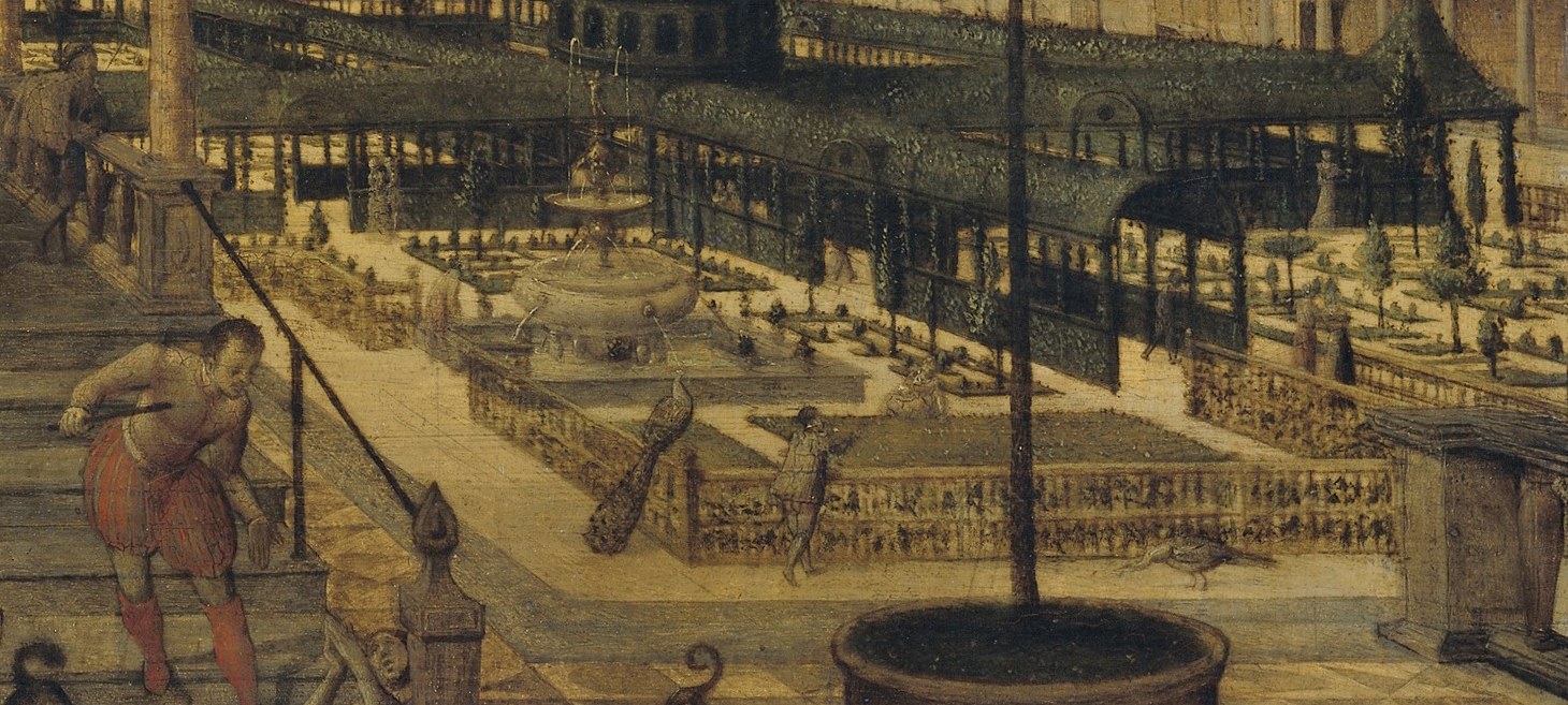 It shows a wealthy Renaissance garden, with many details.