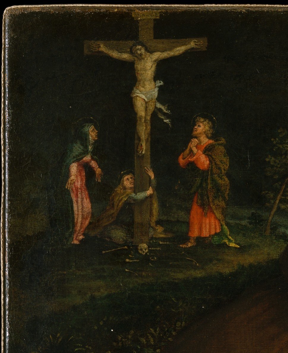 A small crucifixion scene hangs in the landscape behind him.