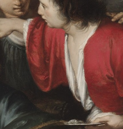 His focused gaze and the act of presenting the healing substance highlight his role as an intermediary.