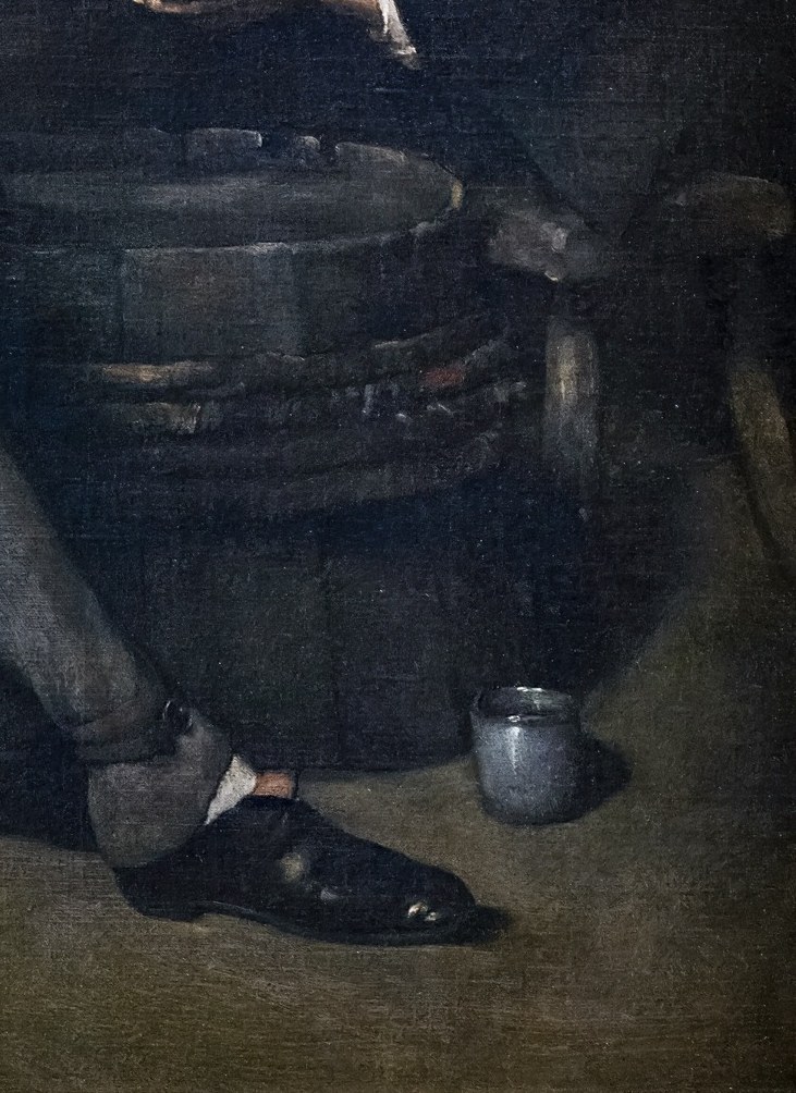 The painter worked by lamplight, painting dark to bright.
