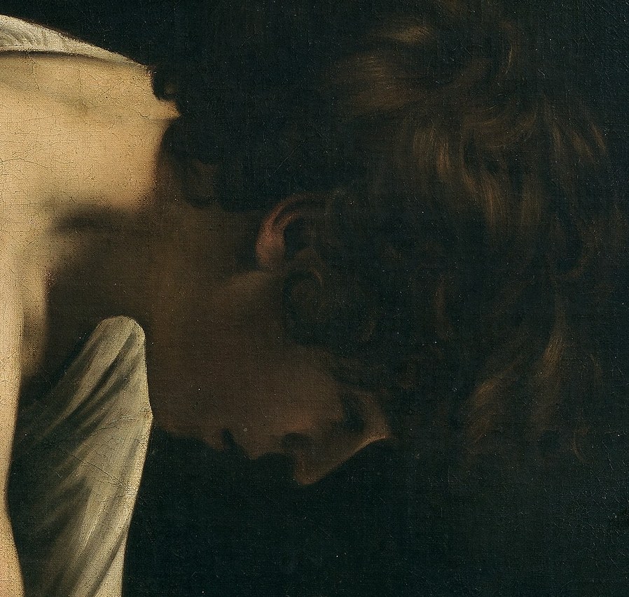 David's face is serene, not triumphant.