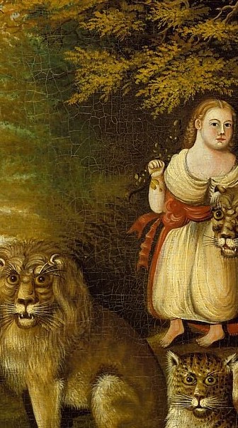 She embodies Isaiah's prophecy that 'a little child shall lead them'; her upright, unafraid posture amid predators is the emotional core of the composition