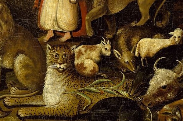 Its dappled pelt is the painting's most detailed animal passage; it lies beside a lamb in literal fulfillment of Isaiah 11:6, a detail that rewards close inspection