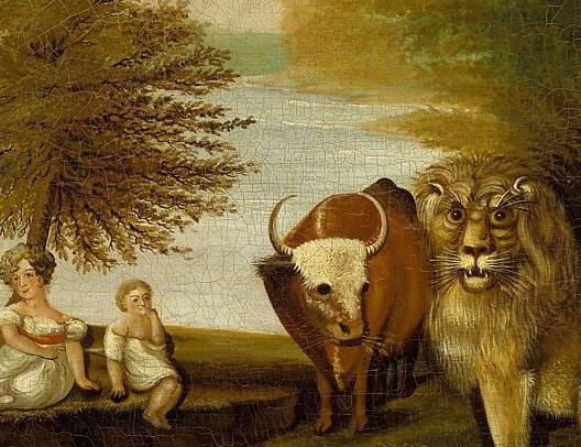 The lion , Isaiah's most dangerous beast , meets the viewer's gaze with preternatural calm; his expression is the painting's moral argument made flesh