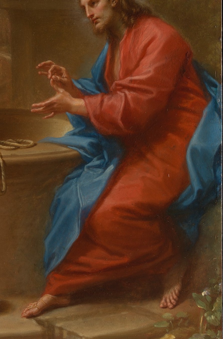 His vibrant red and blue robes signify his divine nature.