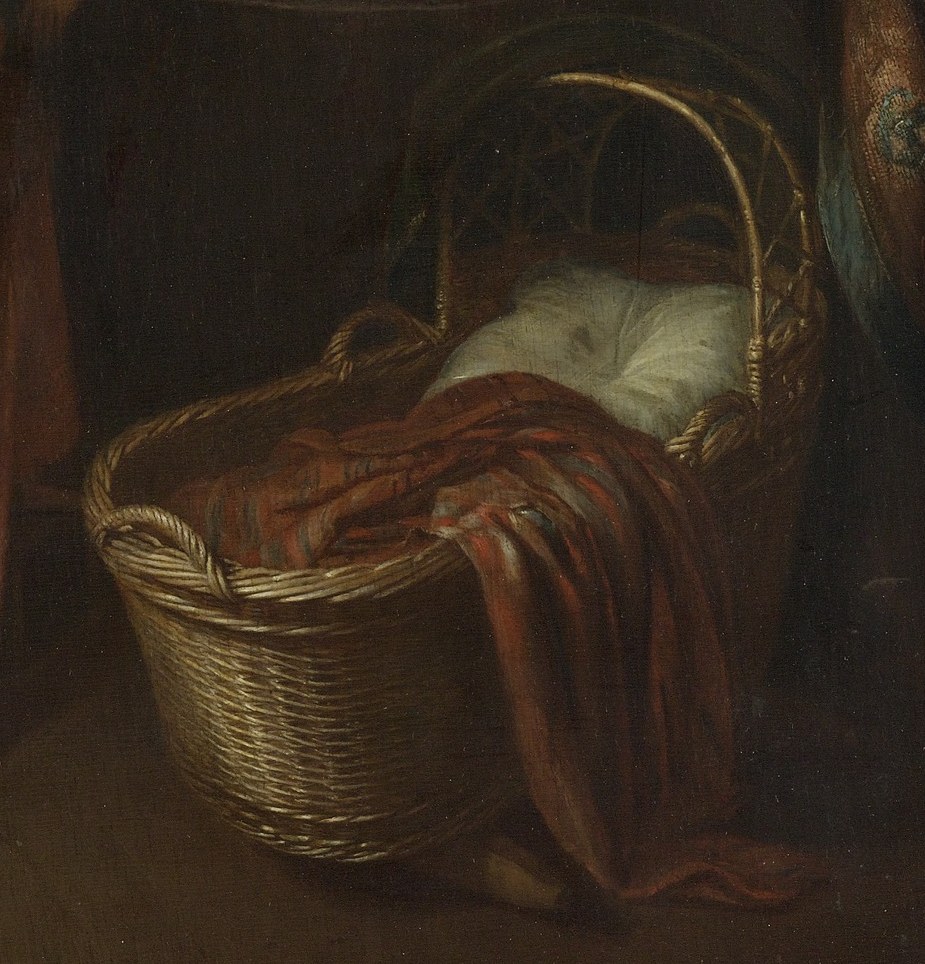 The empty cradle suggests the cycle of life and the future rest for the infant, a common symbol in Dutch genre painting.