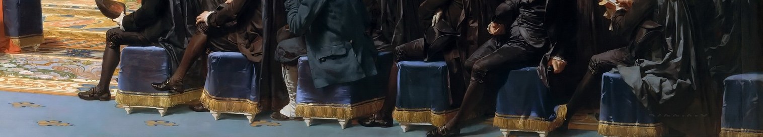 Uniform blue seating for the clergy , the repetition creates rhythm and emphasizes the collective identity of the First Estate