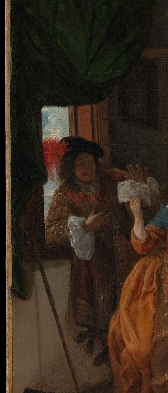 His theatrical hat and young age suggest a page or servant-observer role; he stands apart, watching the adults.