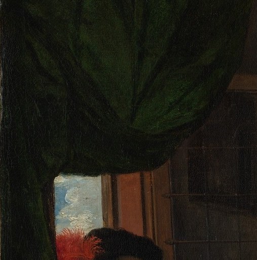 The single most vivid color accent in the painting; Metsu's feather brushwork is a technical showpiece worth isolating.