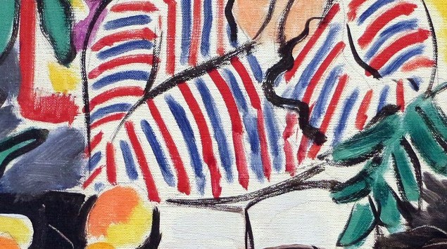 The bold stripes create a dynamic visual element and contribute to the overall vibrant palette of the painting.