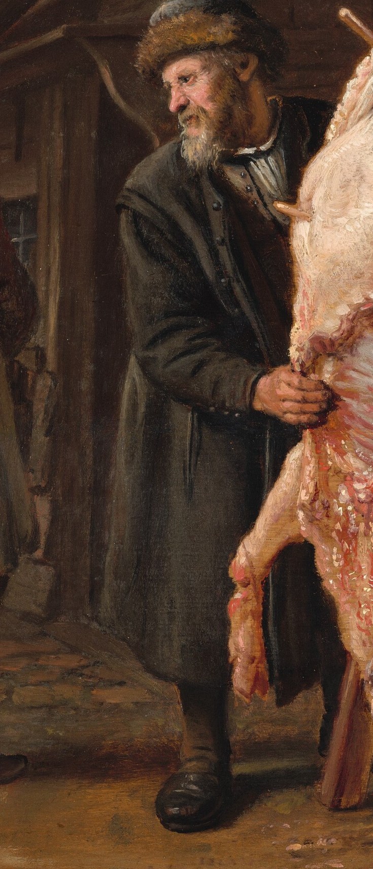 His focused gaze and grip convey the physical labor and skill involved in butchery.