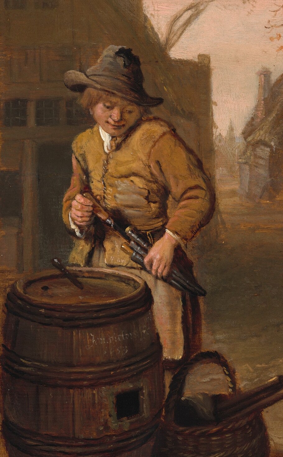 A younger boy holds a knife, learning the trade.