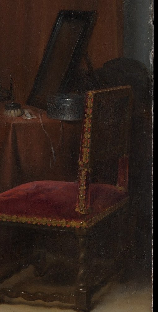 Velvet furnishing is a status signal , its warm red anchors the composition's right edge and implies a comfortable, prosperous bourgeois household
