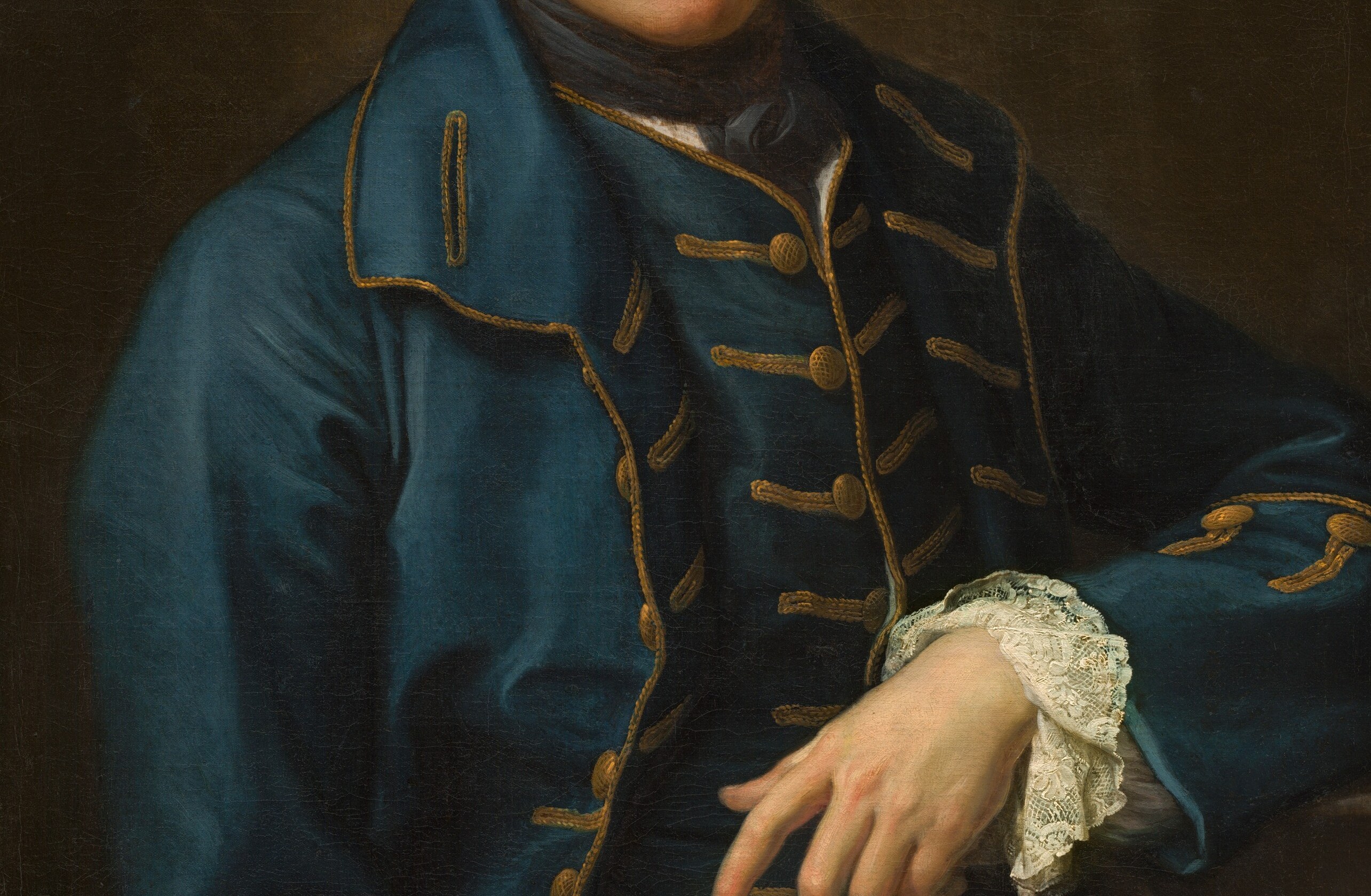The heavily textured dark fabric dominates the lower picture plane; gold decorative buttons or frogging along the lapel signals military or court dress.