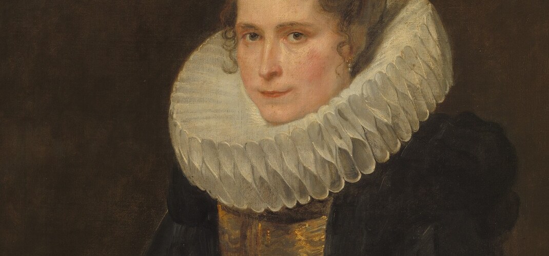 The cartwheel ruff frames the face like a secular halo and represents hours of starching and pinning; its brilliant white against deep black is status theater made visible.