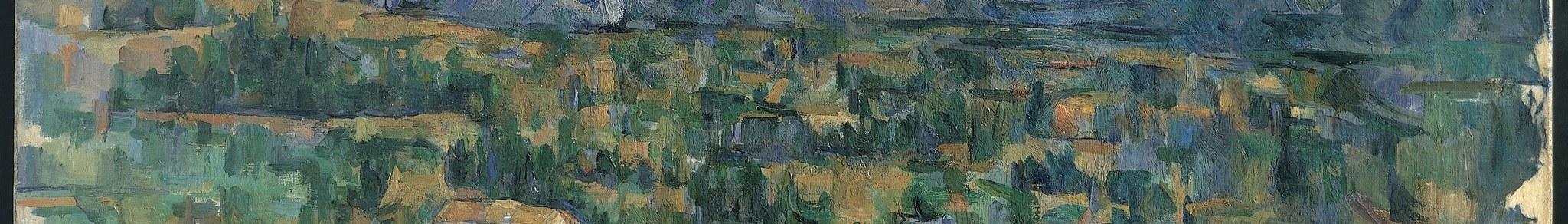 A mass of varied greens and blues, suggesting a forest or dense vegetation, rendered with distinct, almost mosaic-like strokes.