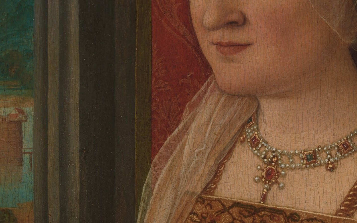 Multi-strand necklace is a clear wealth signal; its careful bead-by-bead rendering showcases the painter's precision and ranks the sitter among merchant or noble class.