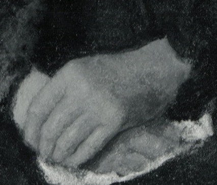 Look closely at her hands, softly folded in repose.