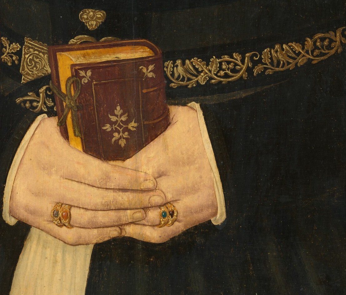 Start with what she holds. A gilded box, hinged at the lid.