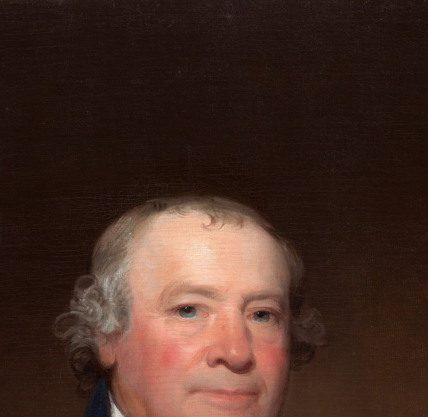 Gilbert Stuart painted the face first. The body and coat were finished later, by assistants.