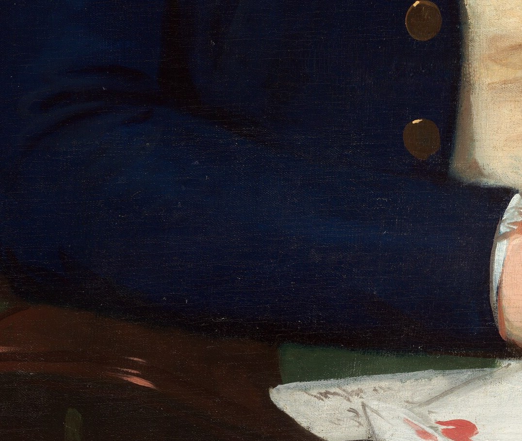 Under his left hand: folded papers. Records of a cargo, or a ship's log.