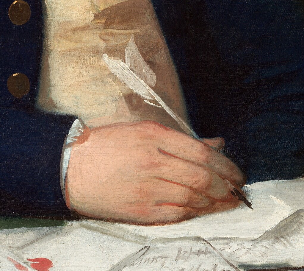 In his right hand, a quill. He signs manifests, not just sails them.