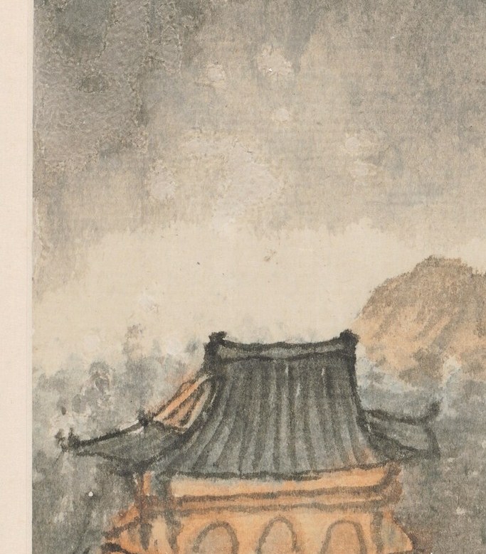 He builds a pavilion on the left, golden-roofed and precise.