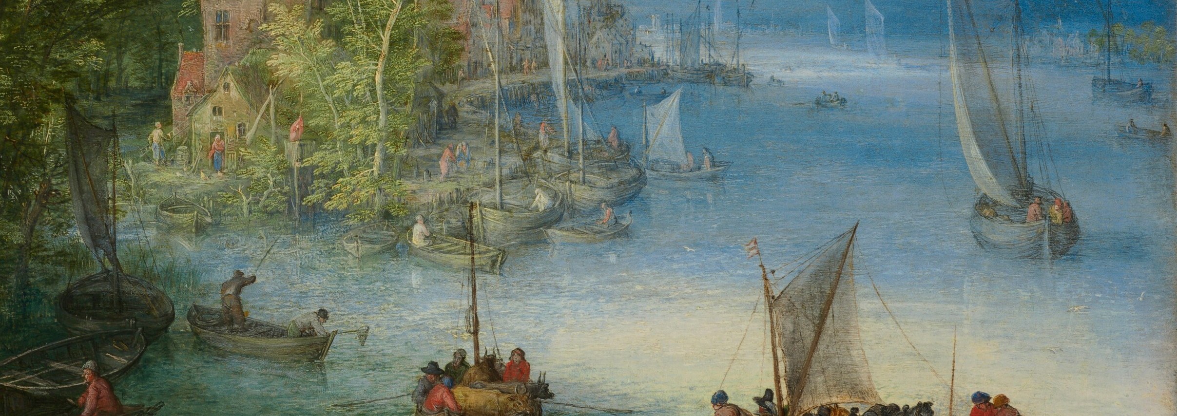 Demonstrates the river's importance for transport and commerce, with different vessel types.