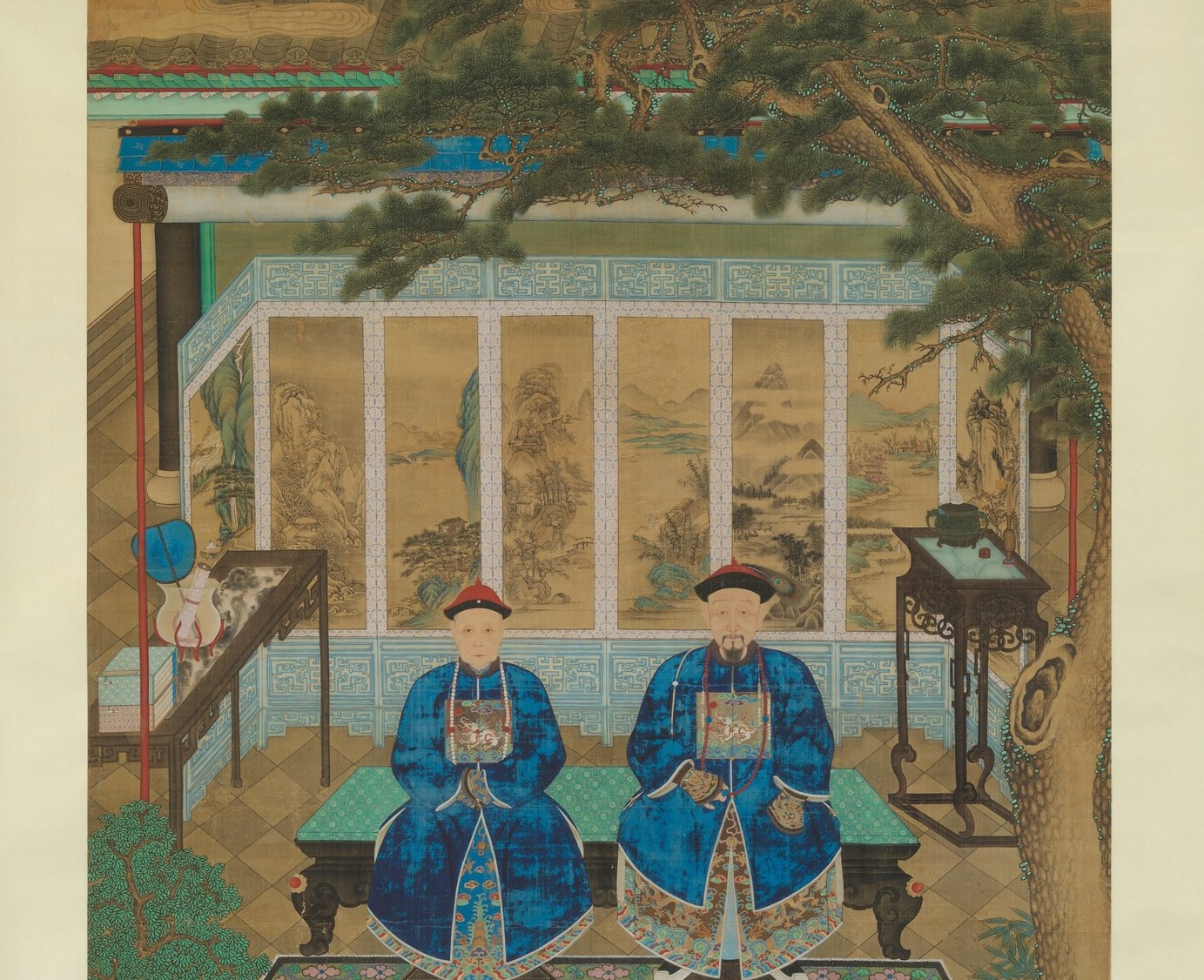 The screen frames the couple inside a miniature cosmological world , mountains, water, and pines signal virtue and longevity, functioning as a symbolic backdrop that narrates who these people aspire to be.