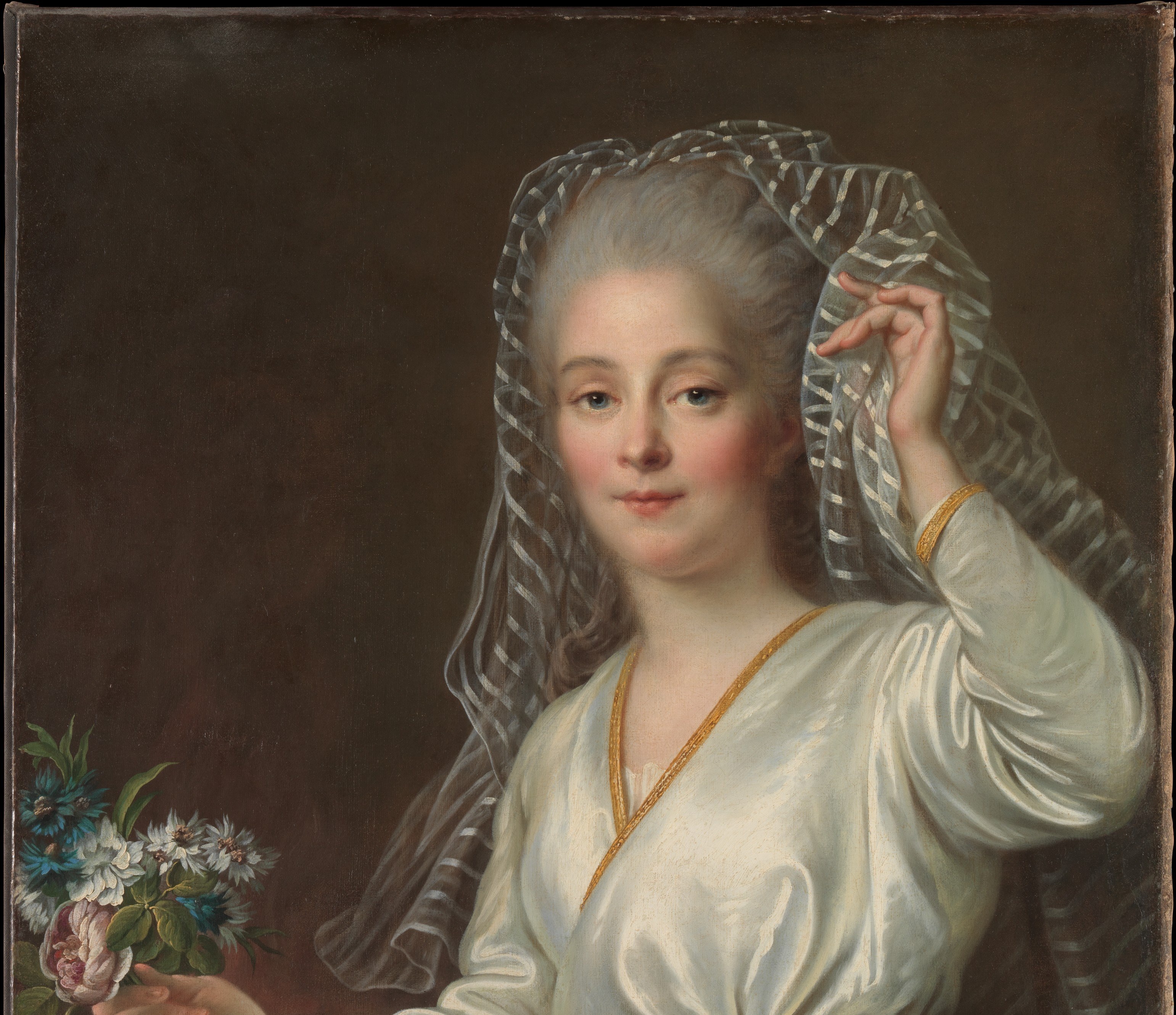 A hallmark of Drouais's portraiture , the near-featureless dark surround forces all light onto the sitter and is itself a period marker of 18th-century French court portraiture.