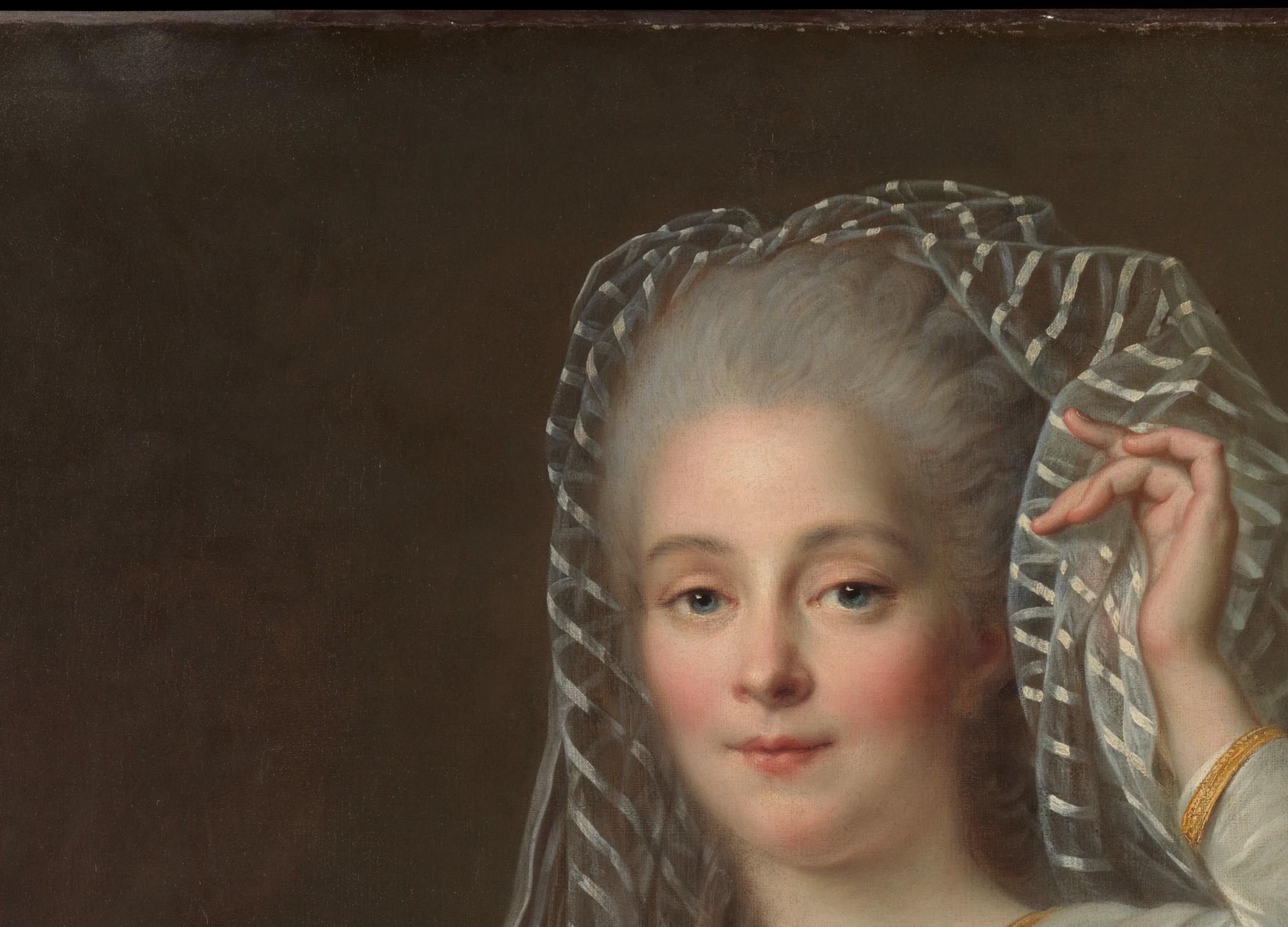 The dark veil against the white gown is the painting's dominant visual contrast; Drouais renders lace transparency with considerable skill, making the sheer fabric a technical showpiece.