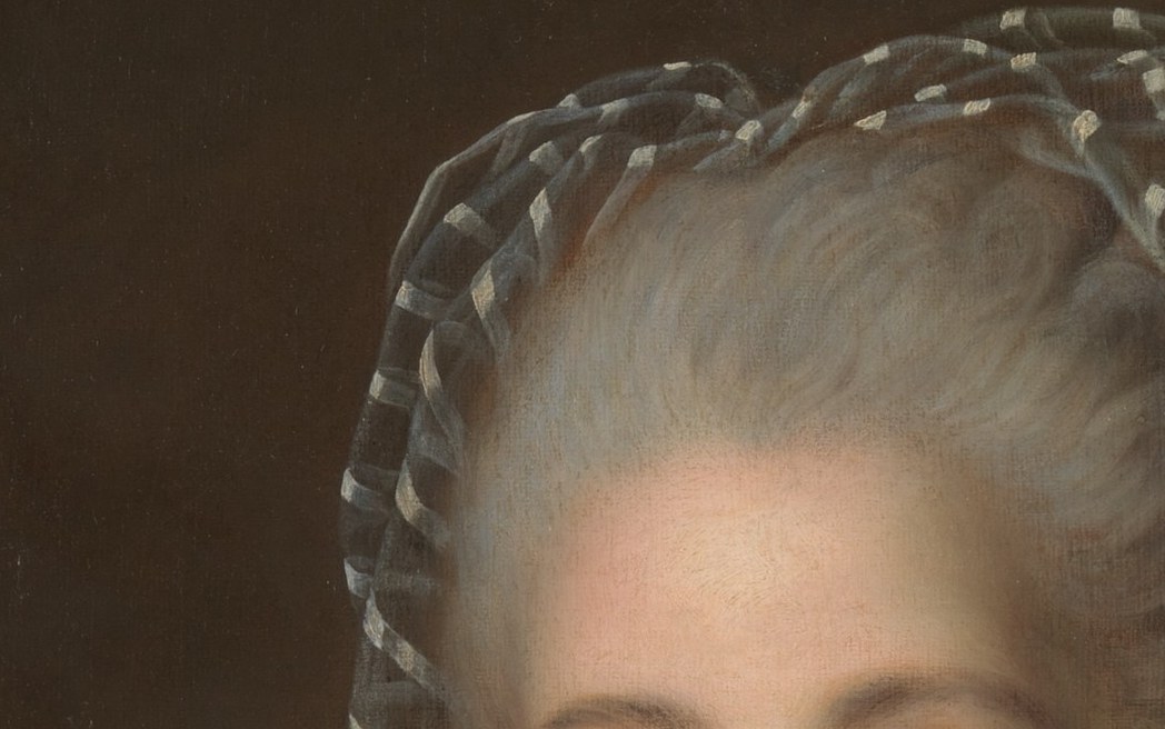 Unusually direct eye contact for an 18th-century female portrait; creates intimacy and implies this is a known, confident sitter rather than an anonymous allegory.