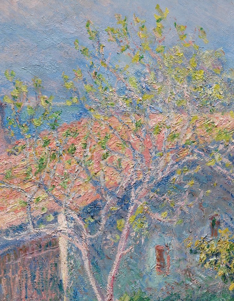 Its lighter foliage contrasts with the darker greens, creating depth and movement.