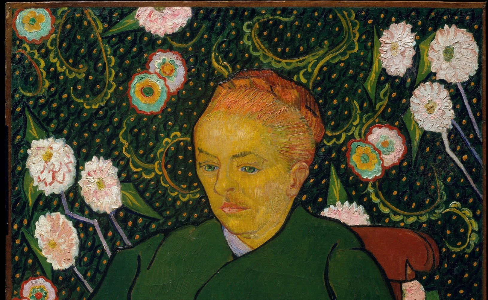 The densely patterned wallpaper , daisies or anemones on near-black , surrounds the sitter like a halo garden, suggesting Van Gogh's symbolic intent: a Madonna in a living altarpiece.
