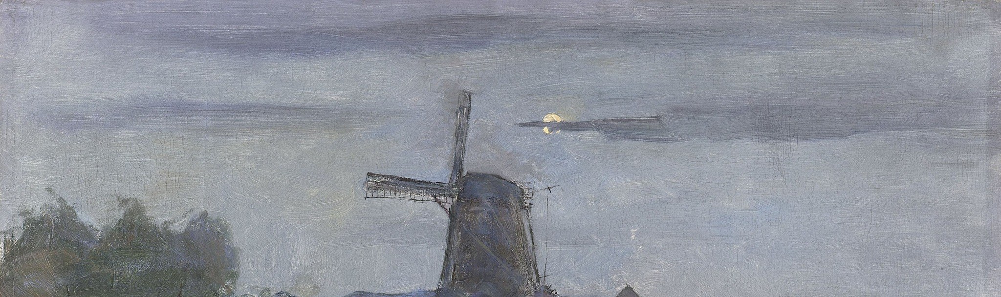 The sky occupies the upper third in soft, blended grey-blue tones; Mondrian's pre-abstraction handling of atmospheric light shows his Symbolist-influenced sensitivity to mood over detail.