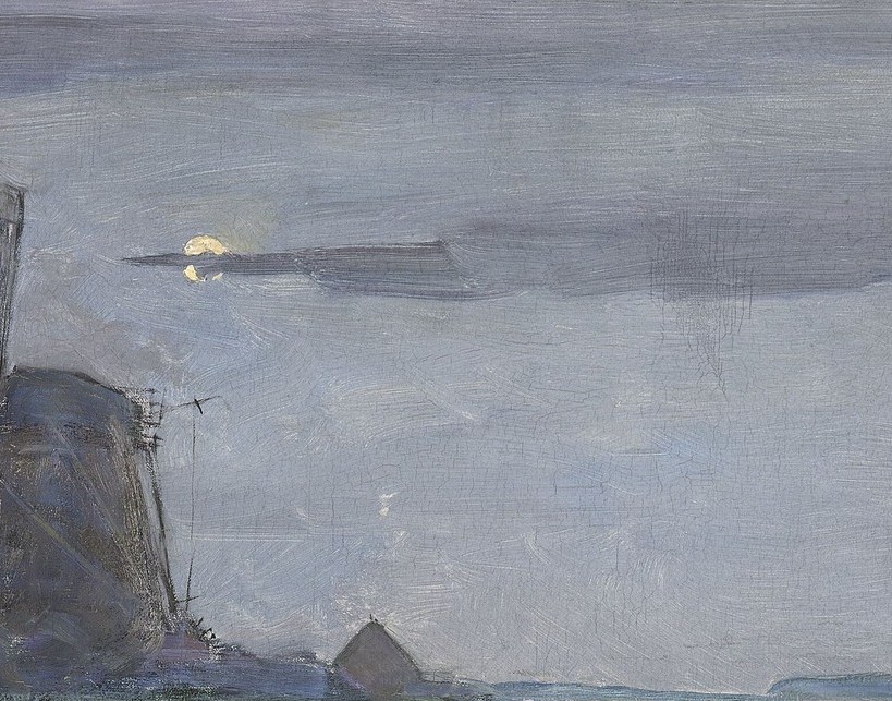 The four diagonal sail arms radiate outward against the glowing sky; each arm is a compositional spoke that gives the mill its cross-like symbolic weight.