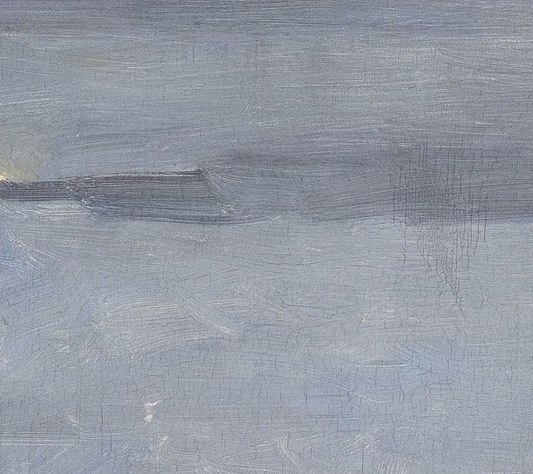 The soft aureole of yellowish-white light , the moon's presence implied rather than shown , is the painting's light source and emotional heart, evoking solitude and mystery.