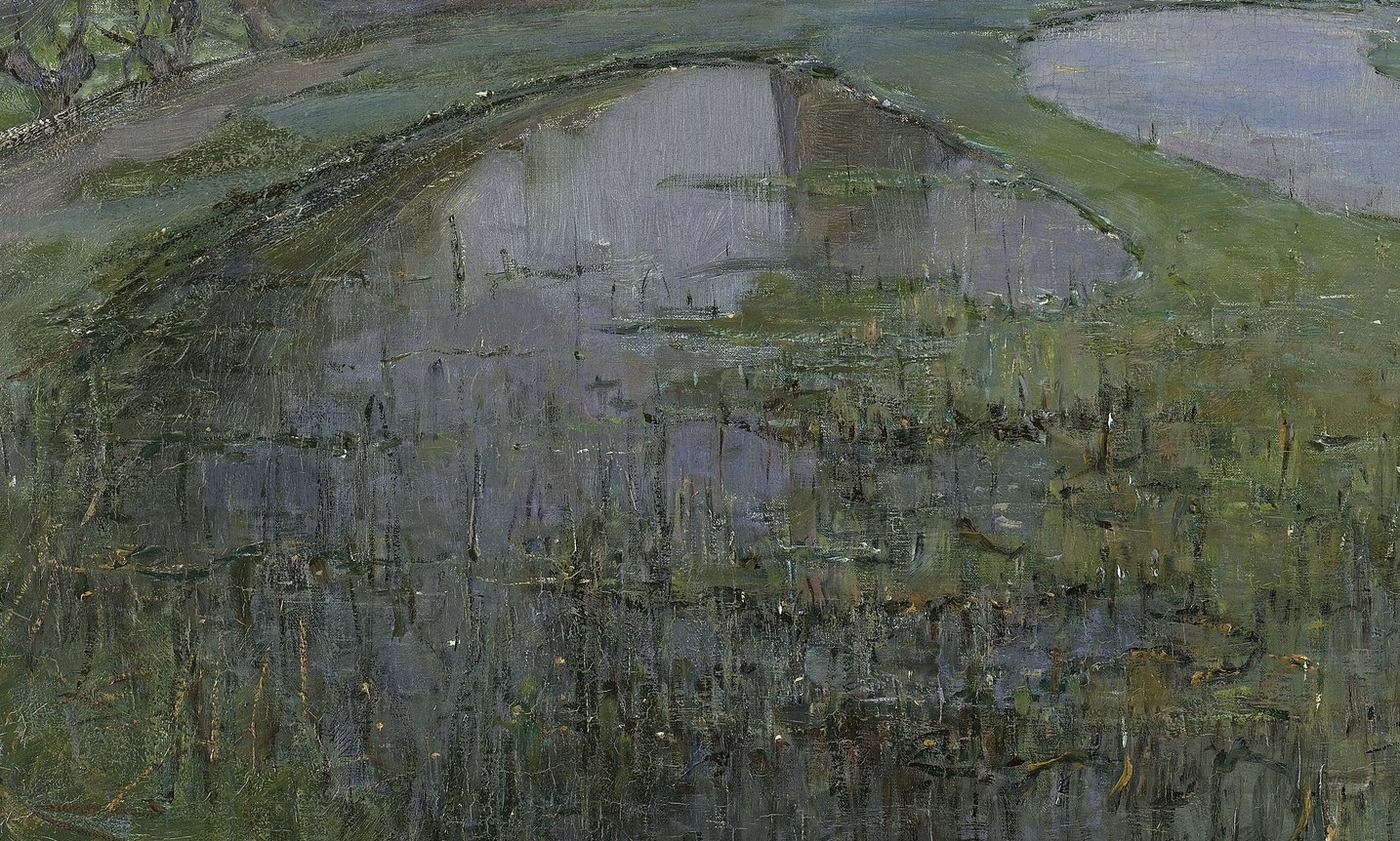 The wide, still river catches the dim sky light in long horizontal strokes; the reflection anchors the composition and doubles the sense of quiet, mirroring the heavens in the earth.