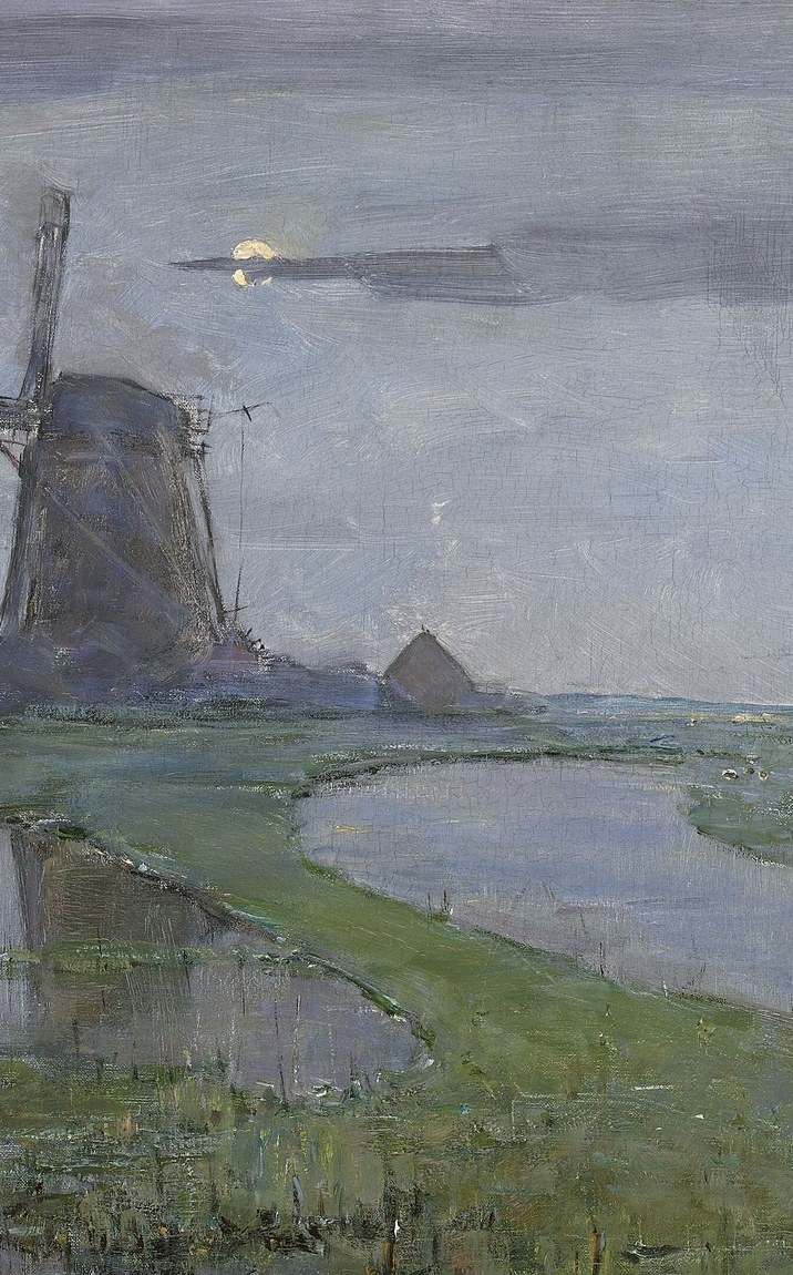 The dominant vertical mass of the composition; its stark black form against the pale luminous sky creates the central tension between industrial structure and natural light.