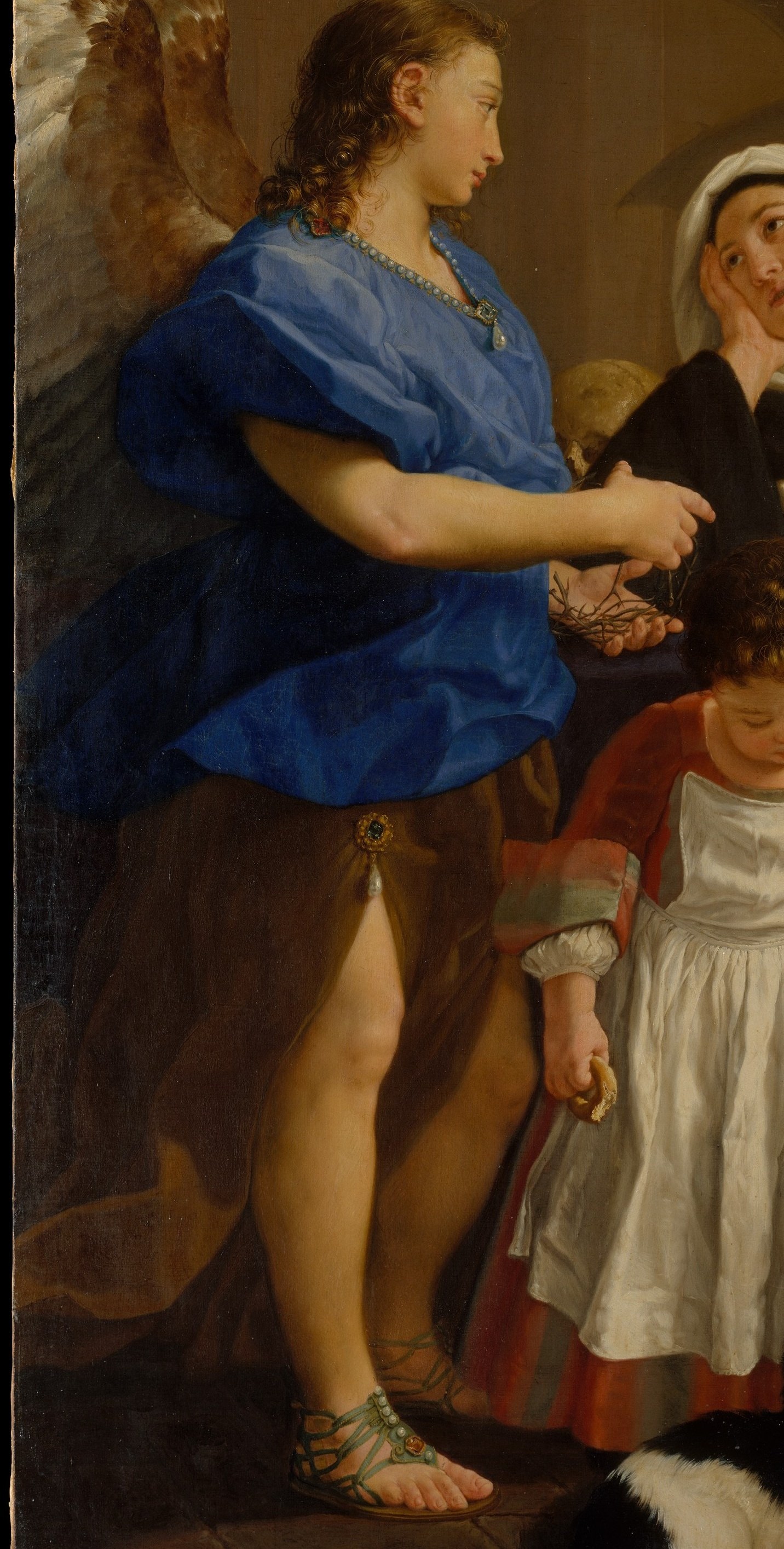 Dominant blue that commands the left half; a virtuoso Baroque drapery passage with deep folds showing Traversi's technical authority