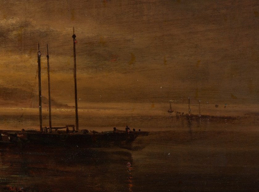 The dominant man-made form; its dark silhouette against the slightly lighter water anchors the right half and suggests the commerce or ferry traffic that defined the Volga.